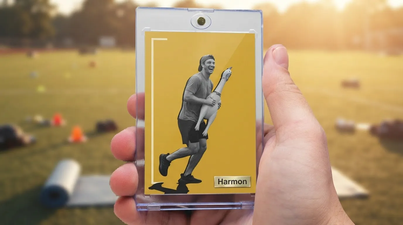Hand holding magnetic case with white elephant gag gifts trading card on golden-hour athletic field.