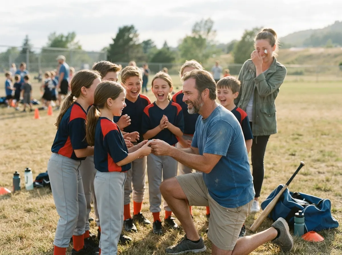 Coach and young athlete share proud, joyful moment on sunny sports field with teammates.