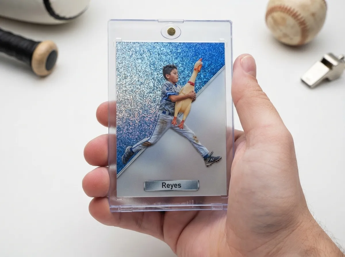 Custom sports trading card in magnetic case showing icy blue refractor athlete design.