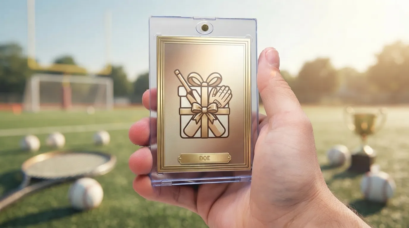 Hand holding magnetic case with gold-foil trading card, a fun white elephant gift ideas keepsake outdoors.