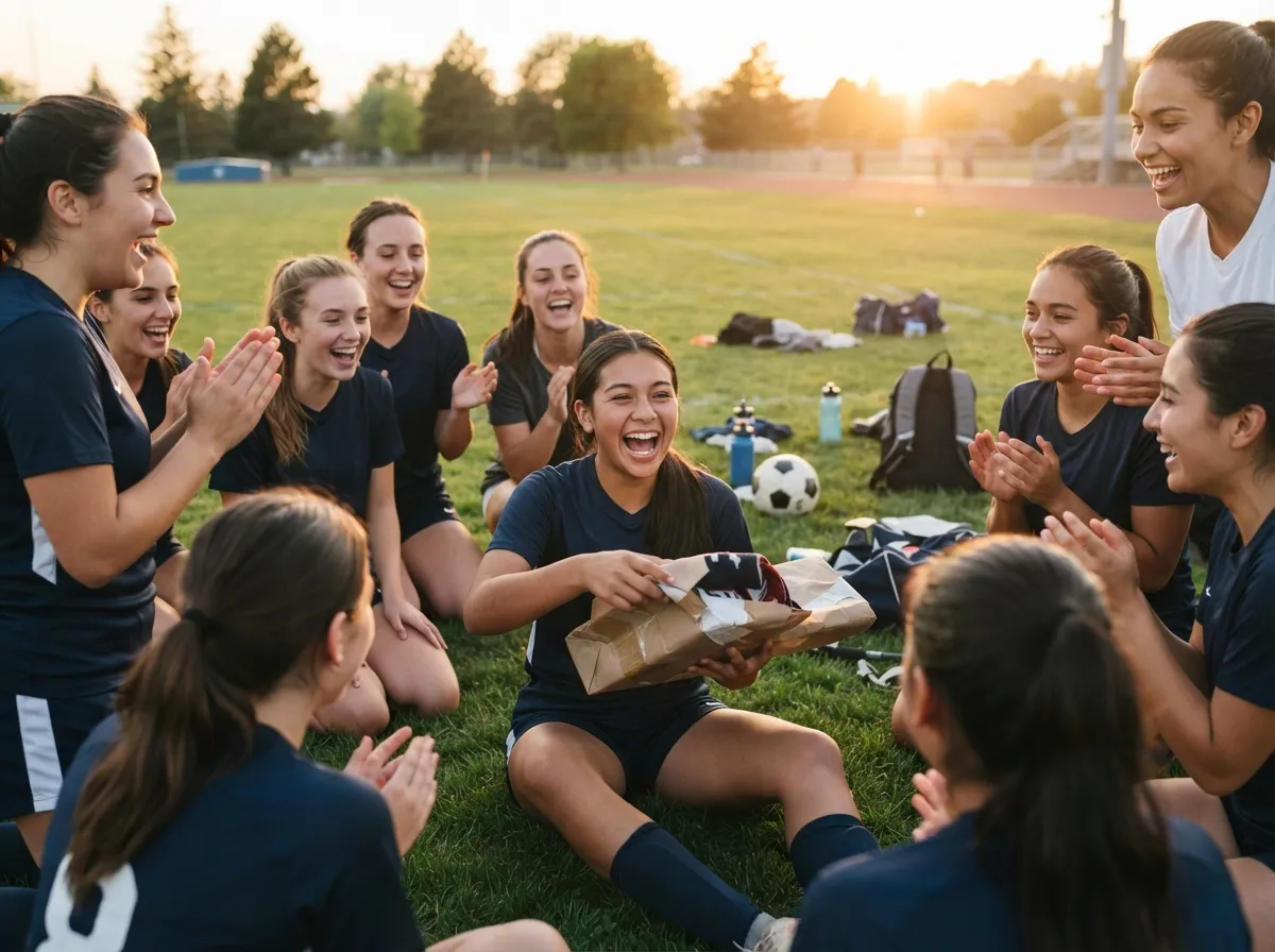 Joyful athletes on a field sharing a surprise gift-giving moment together outdoors.
