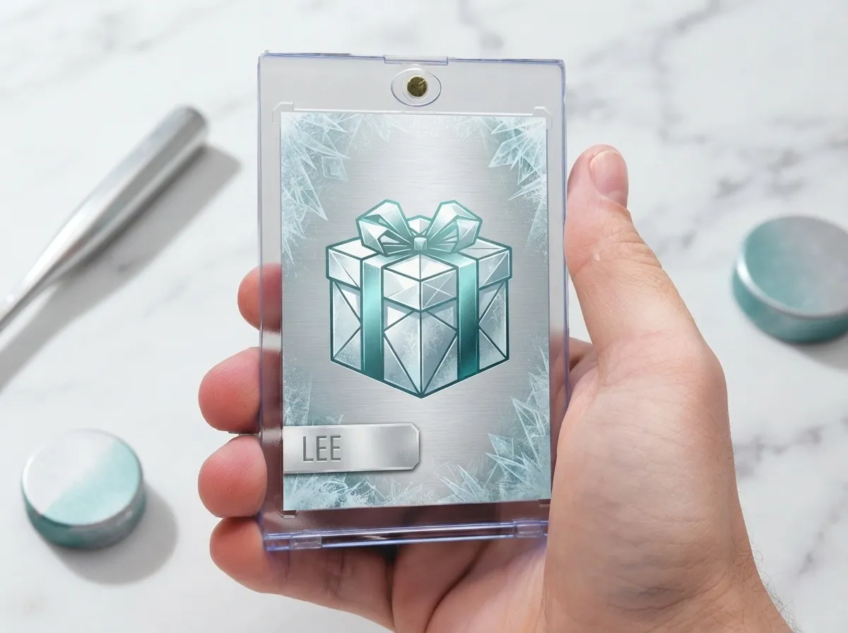 Close-up of custom other trading card in clear magnetic case, silver-teal foil design on white shelf.