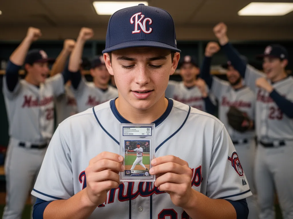 Young baseball player examining a graded sports card with pride and emotion while teammates celebrate nearby.
