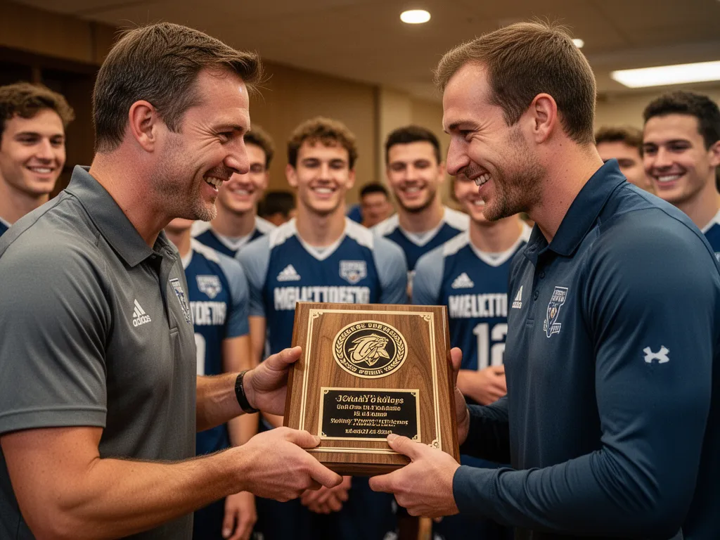Coach presenting custom plaque award to athlete with team members celebrating in background