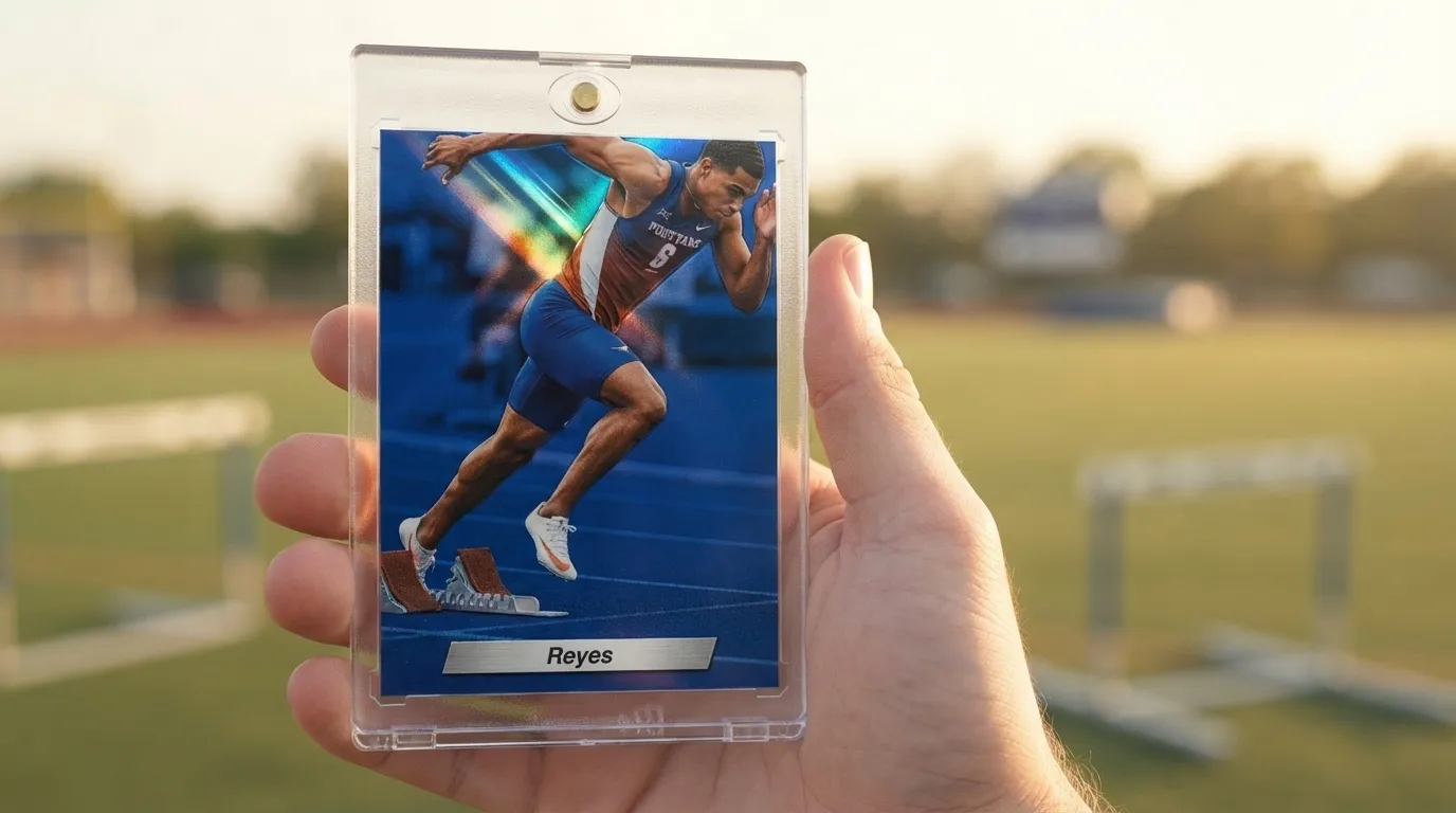 Hand holding magnetic case with wholesale awards sprinter trading card, chrome foil finish.