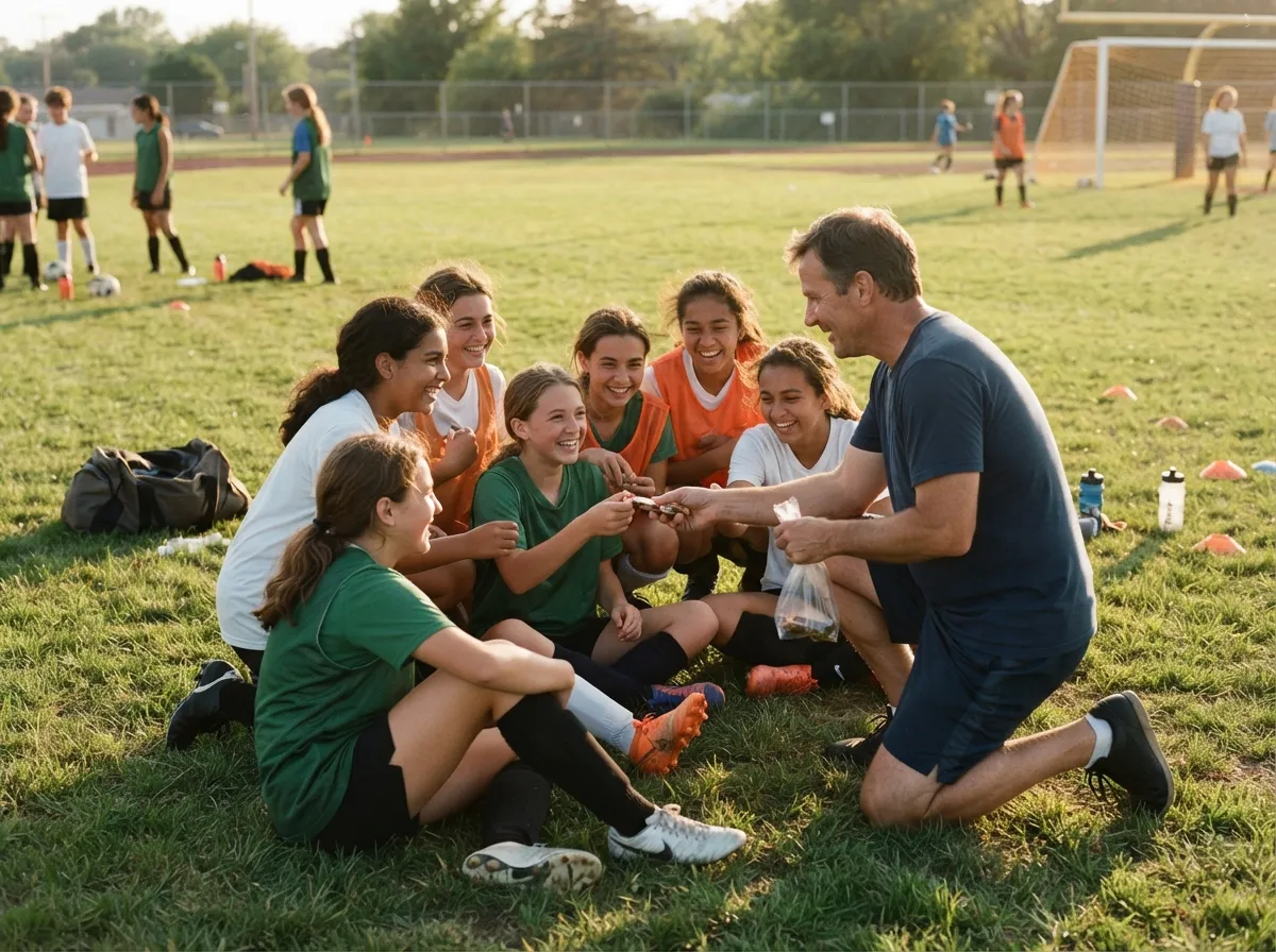 Coach and young athletes sharing a joyful huddle moment on a sunny sports field.