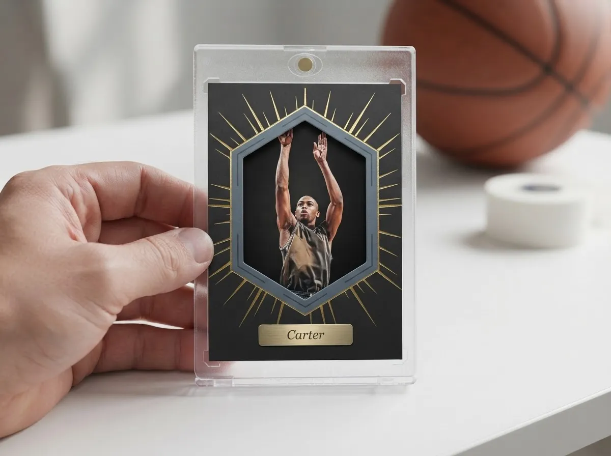 Custom sports trading card in magnetic case, gold foil basketball design, close-up shot.
