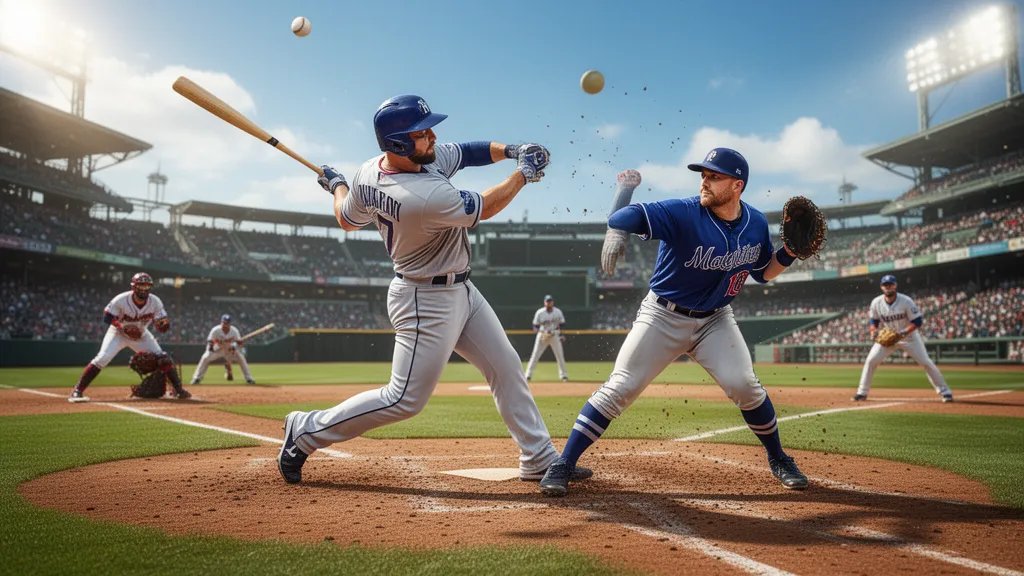 Baseball players in action during game with dynamic batting and pitching movements on sunny field
