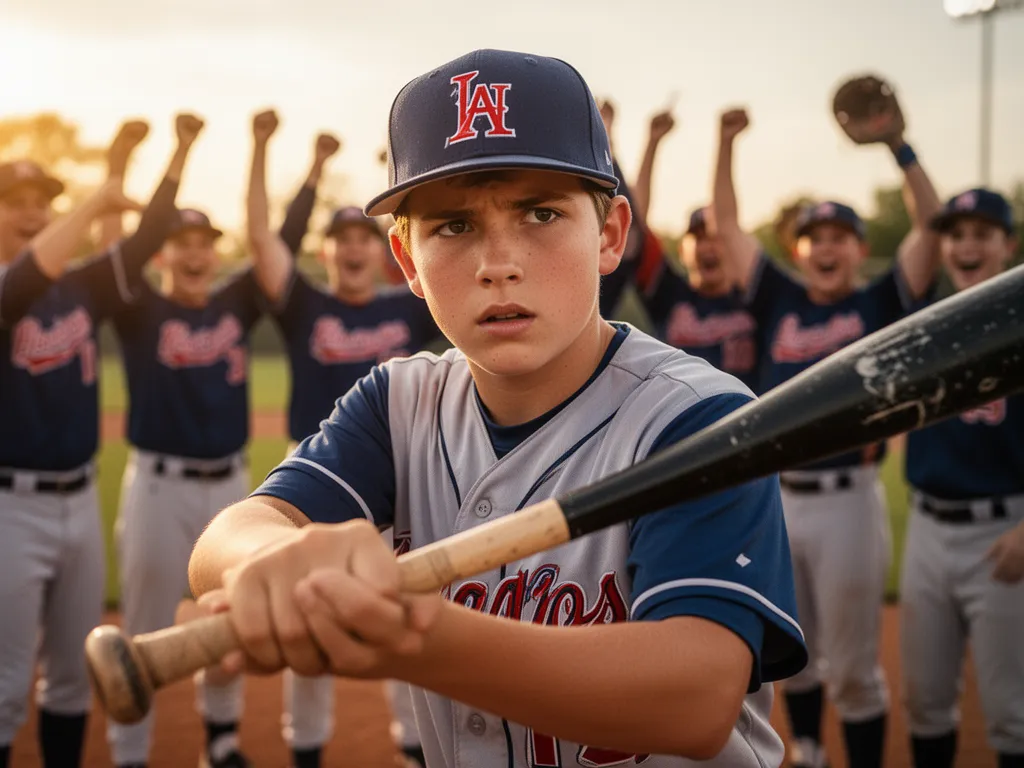 Young baseball player concentrating with bat while teammates celebrate in soft golden sunlight