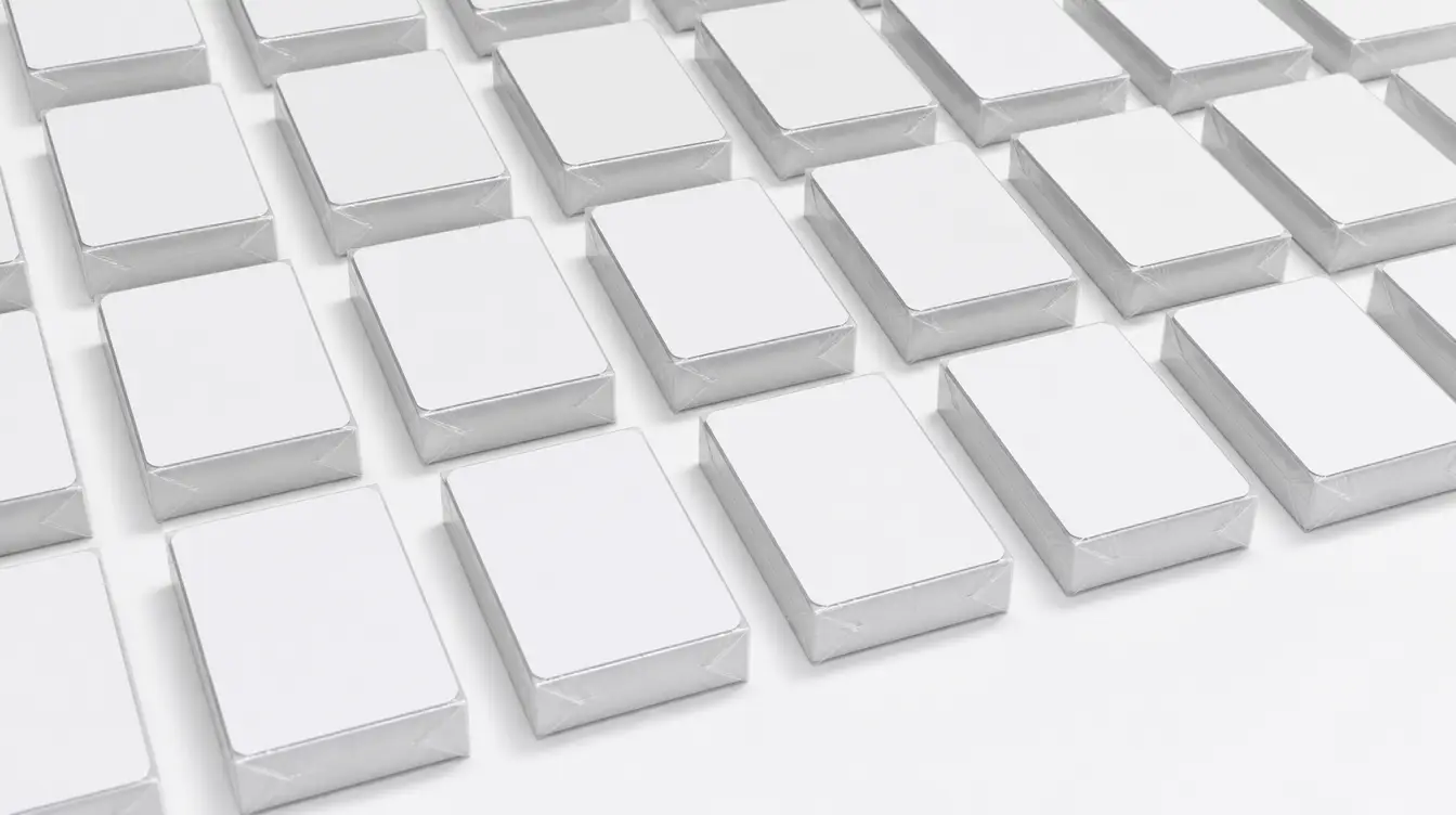 Sealed decks of blank playing cards arranged in neat rows