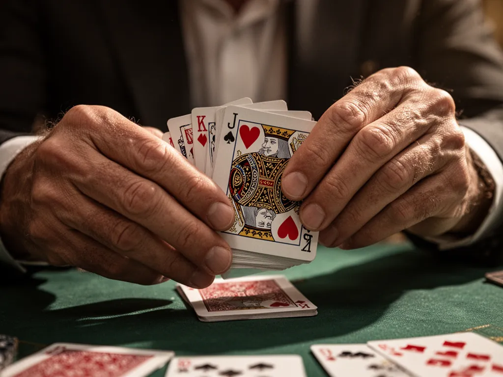 [Expert dealer hands skillfully shuffling high-quality poker cards with precision and focus]