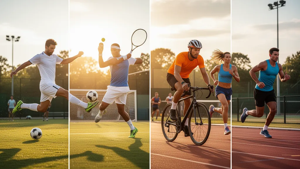 [Multiple athletes from different sports competing simultaneously in energetic outdoor action during golden hour lighting]