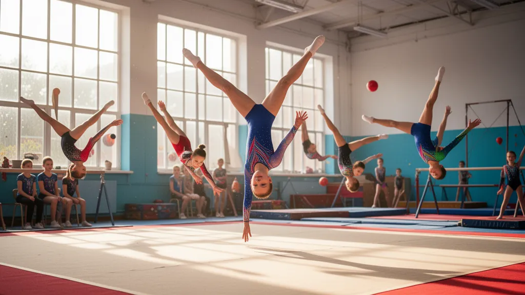 Young gymnasts performing aerial flips and tumbling passes in a bright gymnasium setting