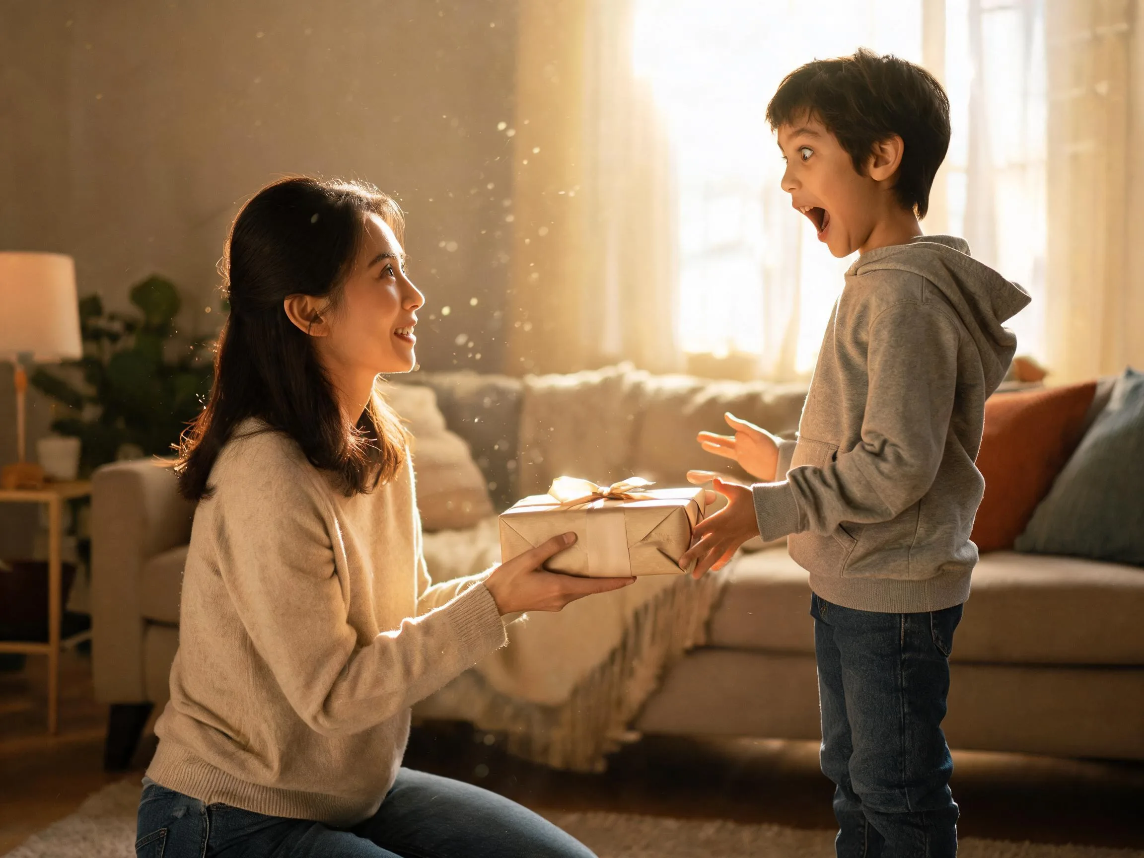 Child's surprised, joyful reaction to receiving an unexpected gift in warm light.
