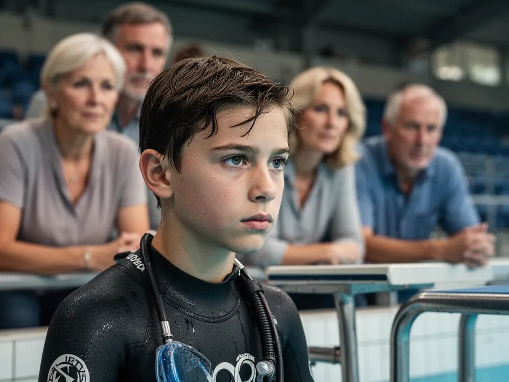 Young diver's concentrated expression moments before executing a competitive dive attempt