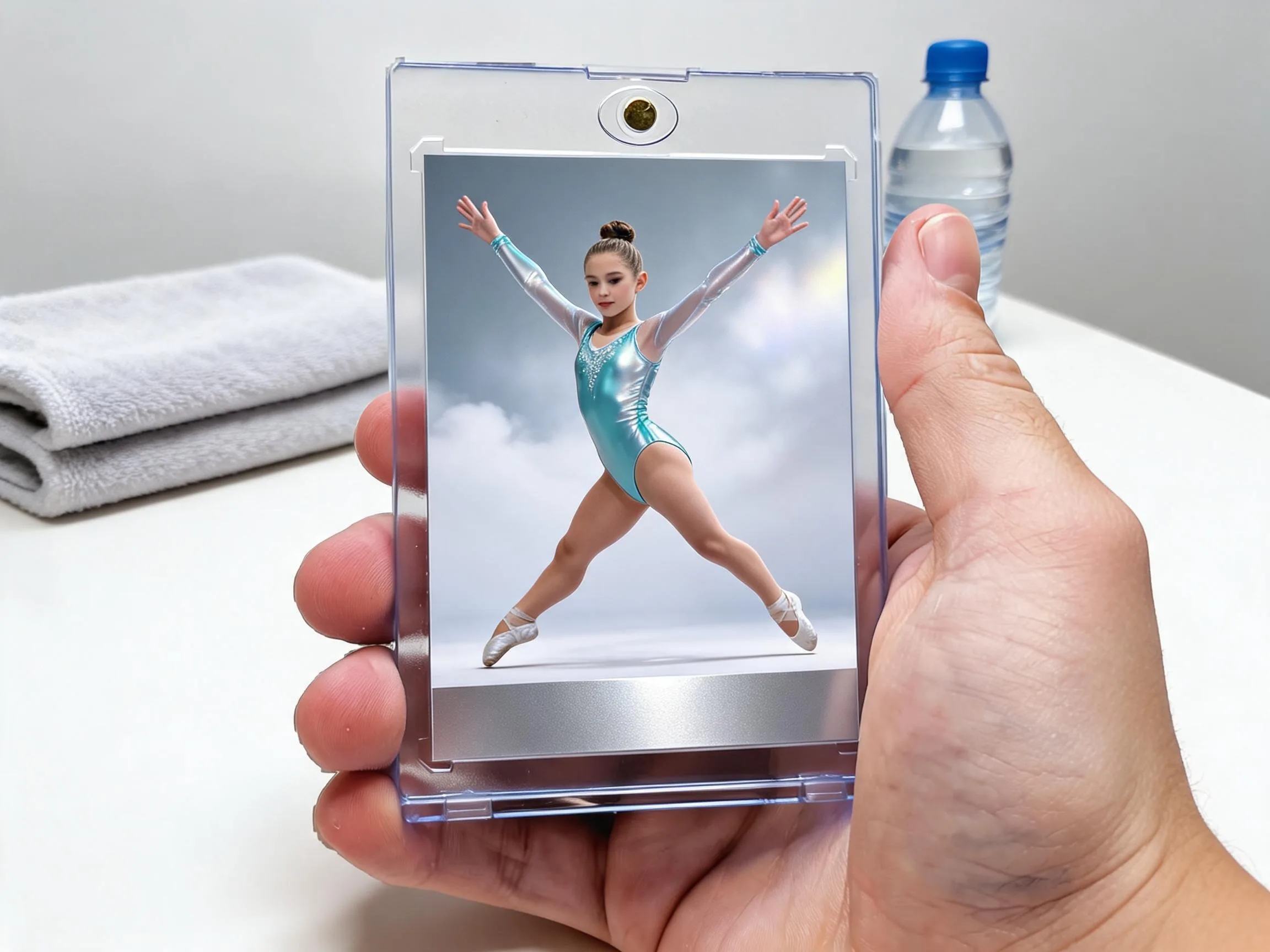 Custom keepsake trading card displayed upright inside a clear magnetic protective case.