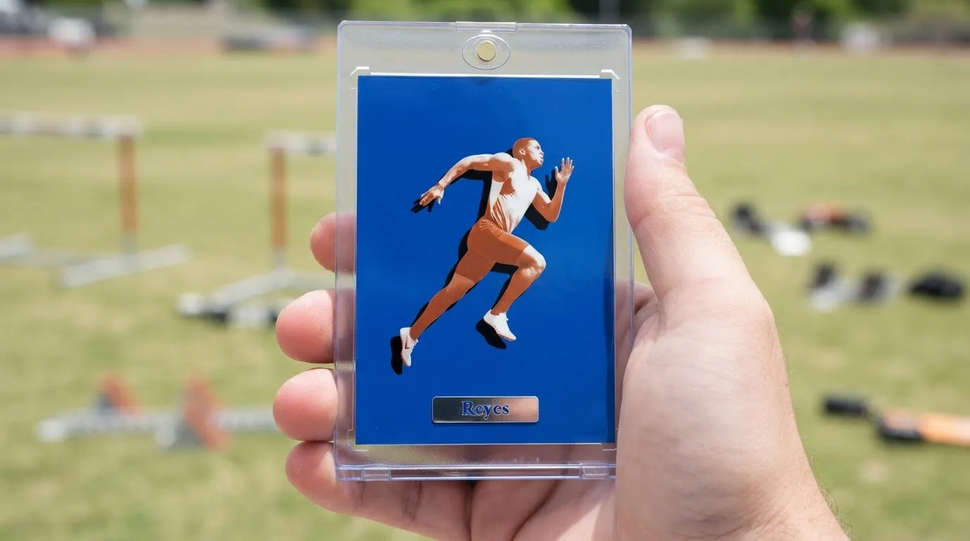 Hand holding magnetic case with wide angle sports photography trading card of a sprinting athlete.