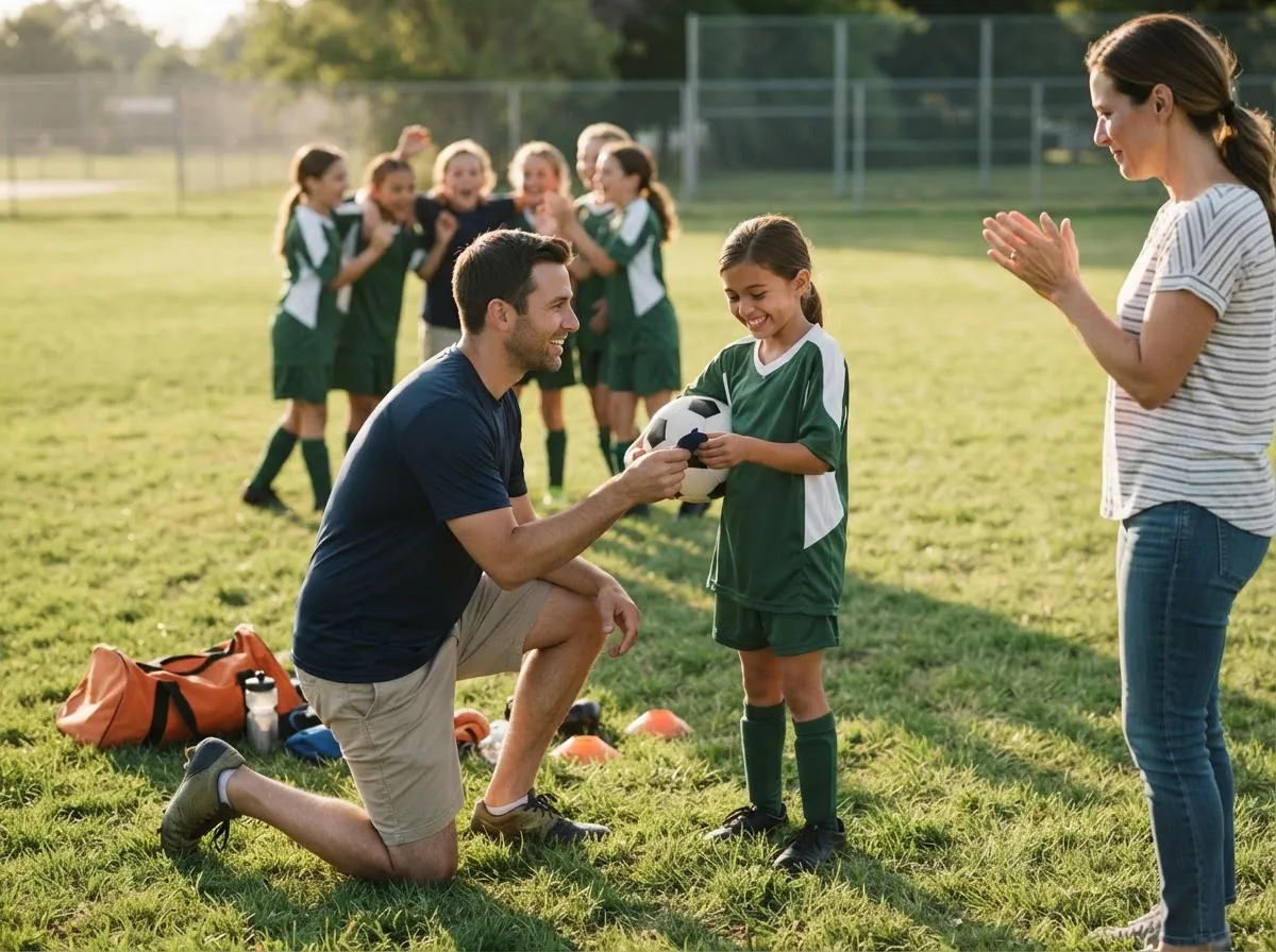 Coach and young athlete share proud emotional moment on sunny sports field with team.