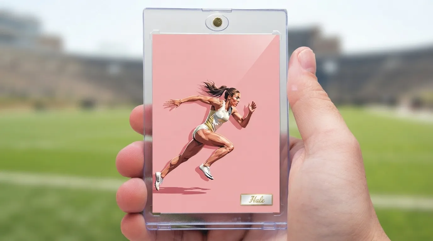 Hand holding magnetic case with a will you be my bridesmaid card featuring a pink sprinter design.