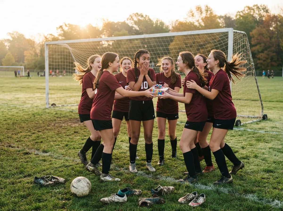 Teammates on a sunny field surprise a joyful young athlete with a wrapped gift.