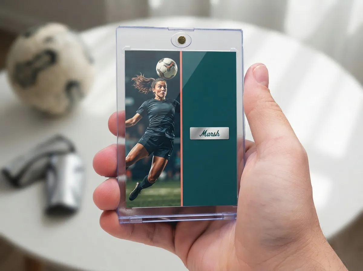 Hand holding custom sports trading card in magnetic case with teal split-panel design.