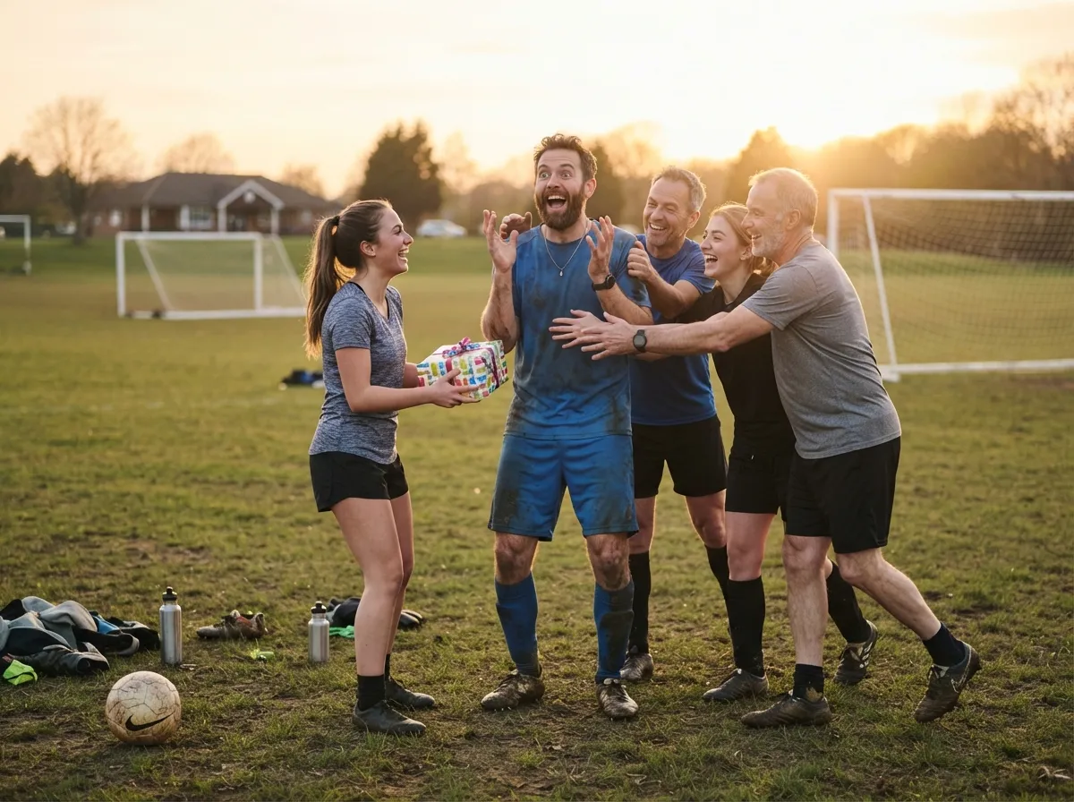 Friends on a sports field sharing a joyful surprised group hug during a gift-giving moment.