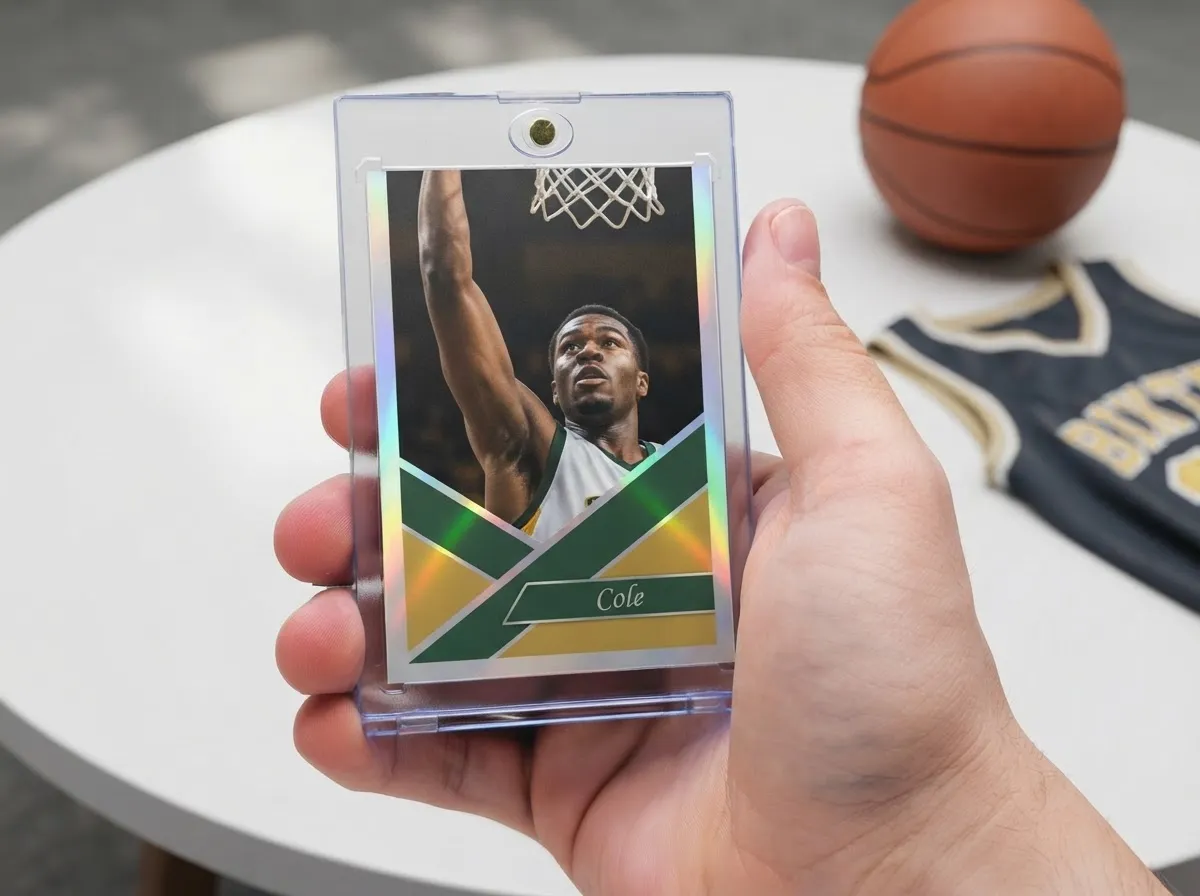 Custom sports trading card in magnetic case featuring diagonal chrome color-block basketball design.