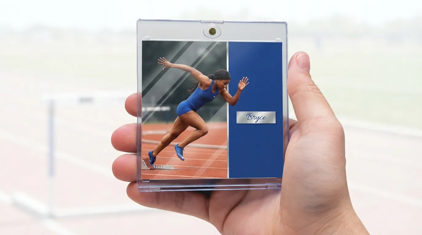 Hand holding magnetic case with willoughby sports photography sprinter card, split-panel foil design.