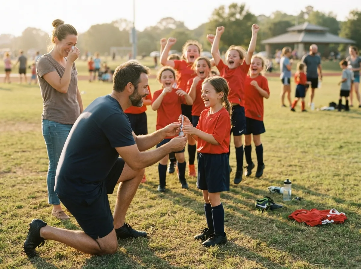 Coach and young athlete share proud emotional moment as teammates celebrate on the field.