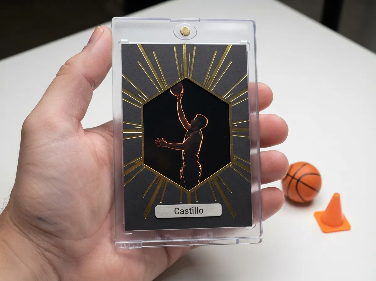 Custom sports trading card in magnetic case, gold foil burst design on dark background.