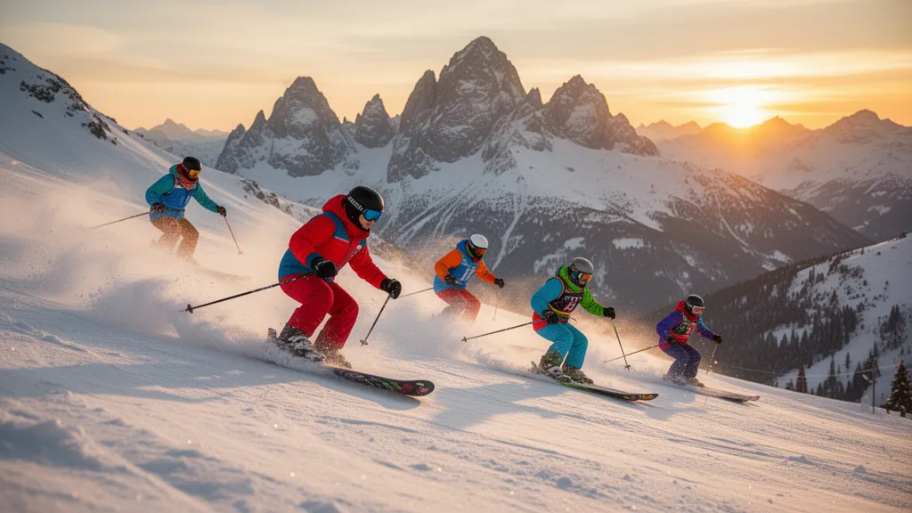 Athletes snowboarding and skiing down a snowy mountain slope at golden hour sunset