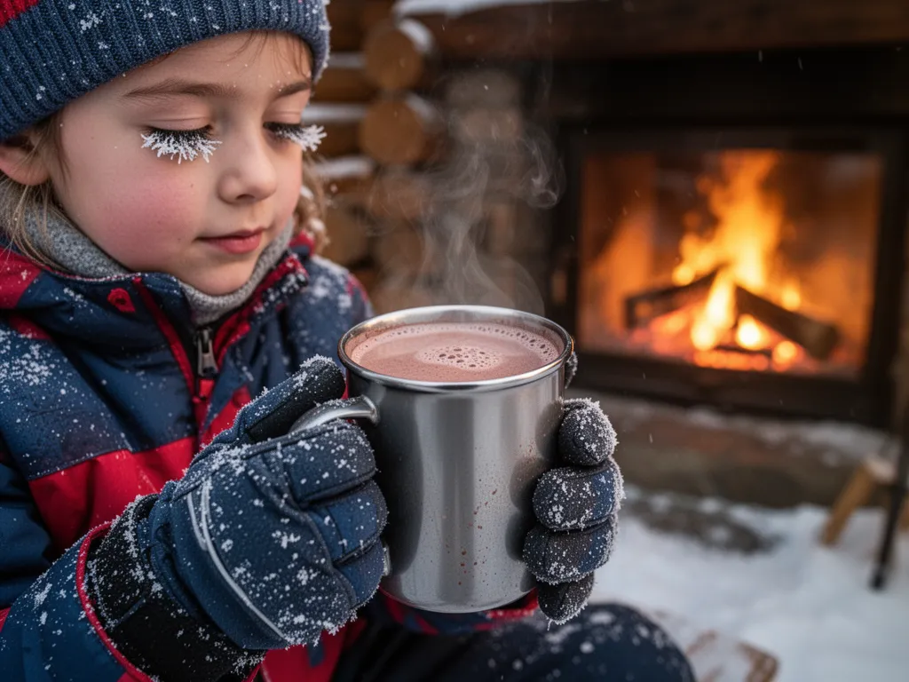 Child's gloved hand holding warm mug with frost-covered face after winter sports activity