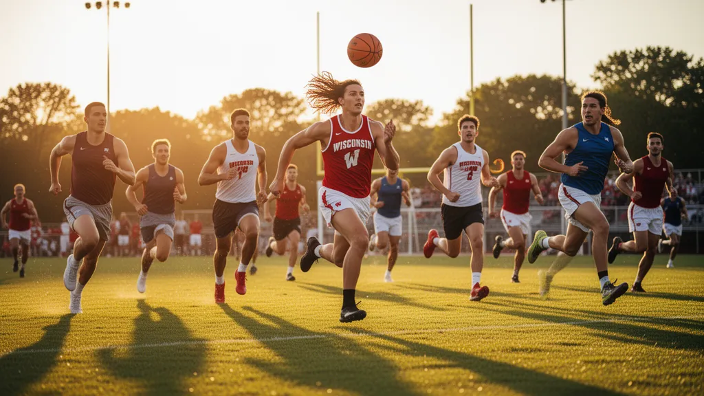 Wisconsin athletes competing outdoors in various sports during golden hour with natural motion and energy