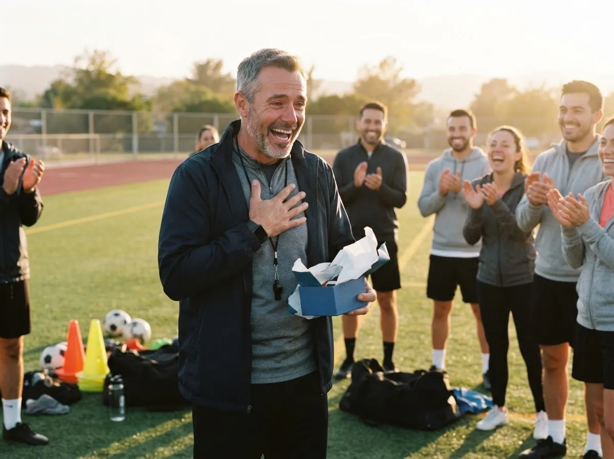 Coach reacts with joyful surprise while unwrapping a gift on a sunlit athletic field.
