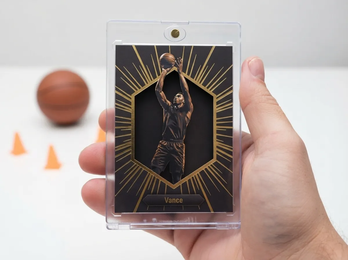 Magnetic case holding gold-foil basketball trading card, a premium custom sports anniversary gift.
