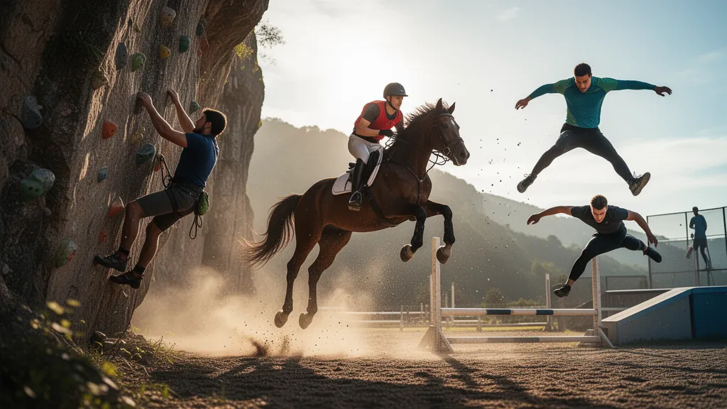 Multiple athletes competing in different sports captured mid-action with dramatic natural lighting