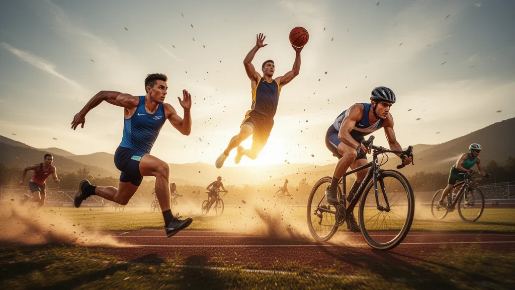 Multiple athletes in action across different sports competing simultaneously outdoors in golden sunlight