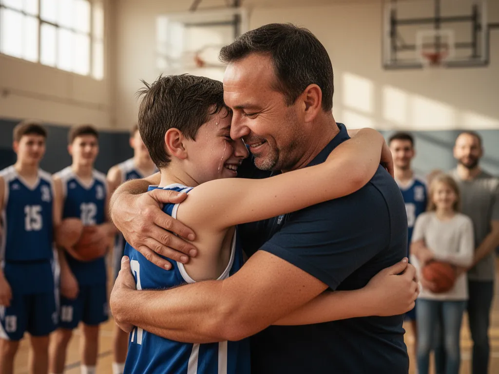 Coach and young athlete embracing emotionally after competition with family celebrating nearby