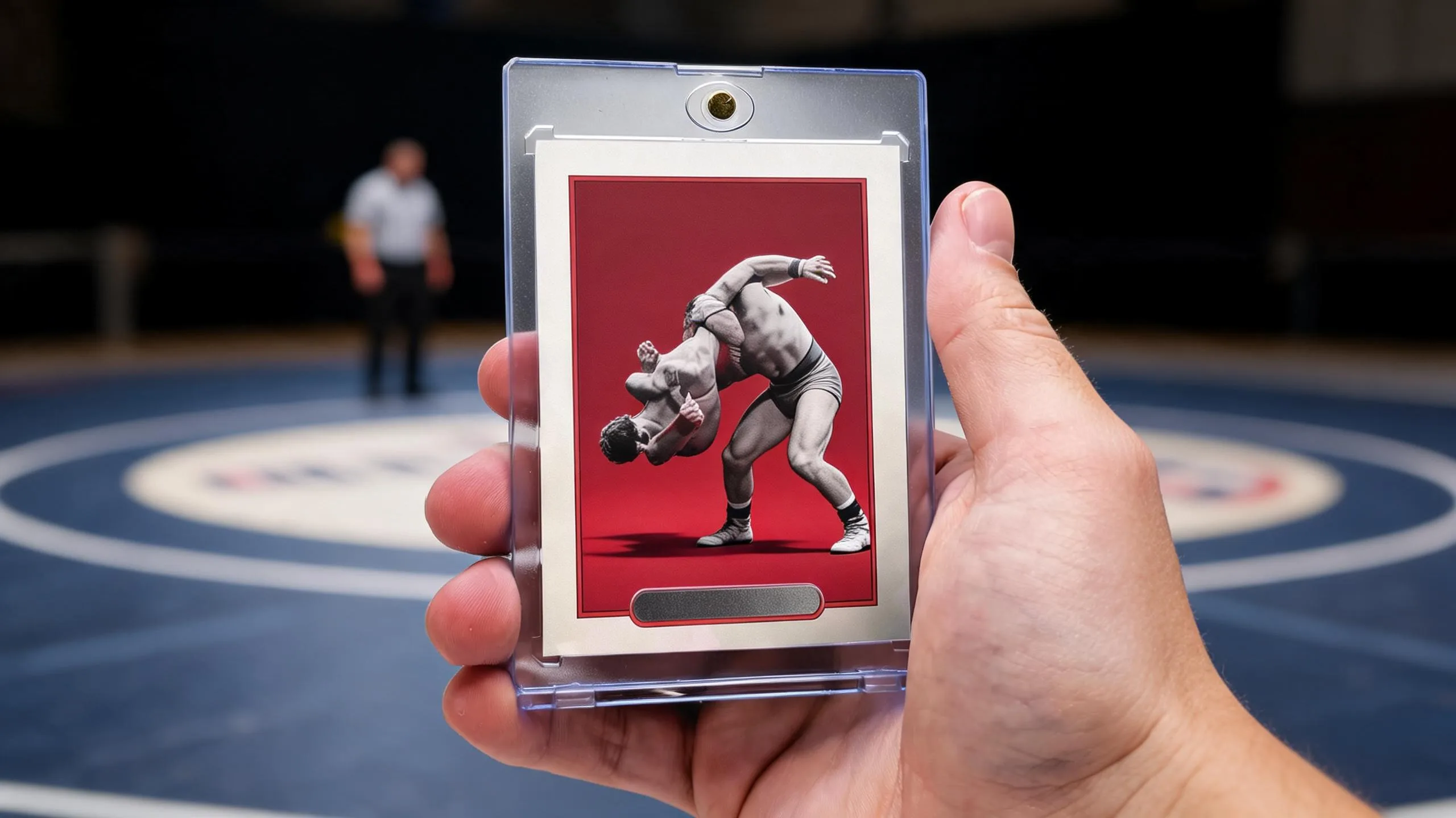 Hand holding wrestling trading cards case with a red editorial-style wrestler design, gymnasium blurred behind.