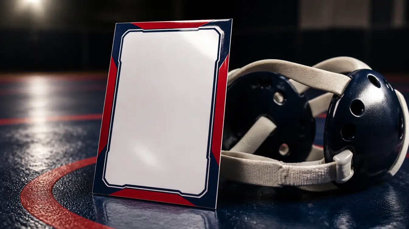 A blank trading card with a red-and-navy border on a wrestling mat beside youth headgear
