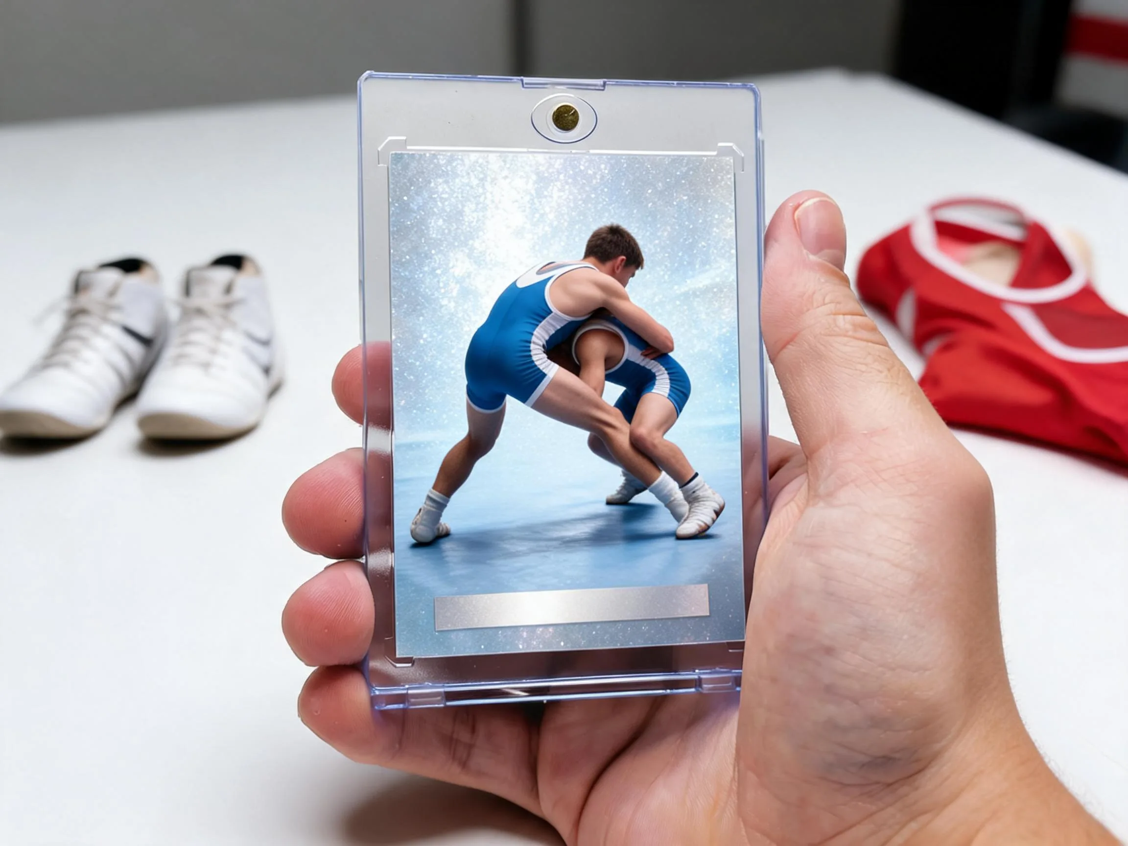 Custom wrestling trading card in magnetic case, silver-blue refractor design with sparkle pattern.