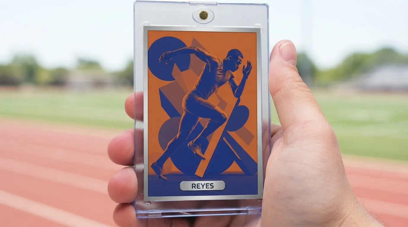 Hand holding magnetic case with duotone xl sports photography trading card of a sprinting athlete.