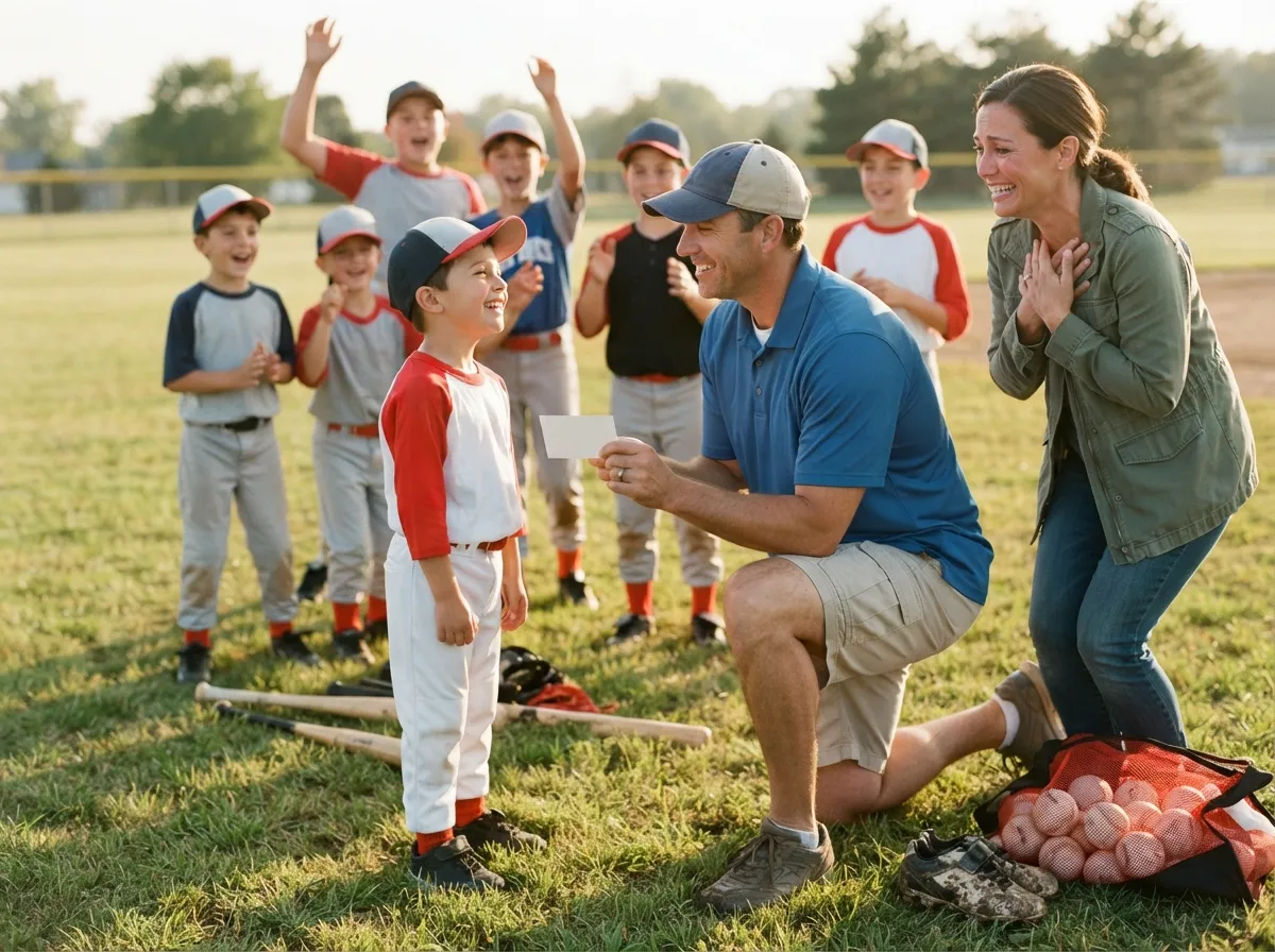 Coach and proud parent share emotional celebration moment with young athlete on sports field.