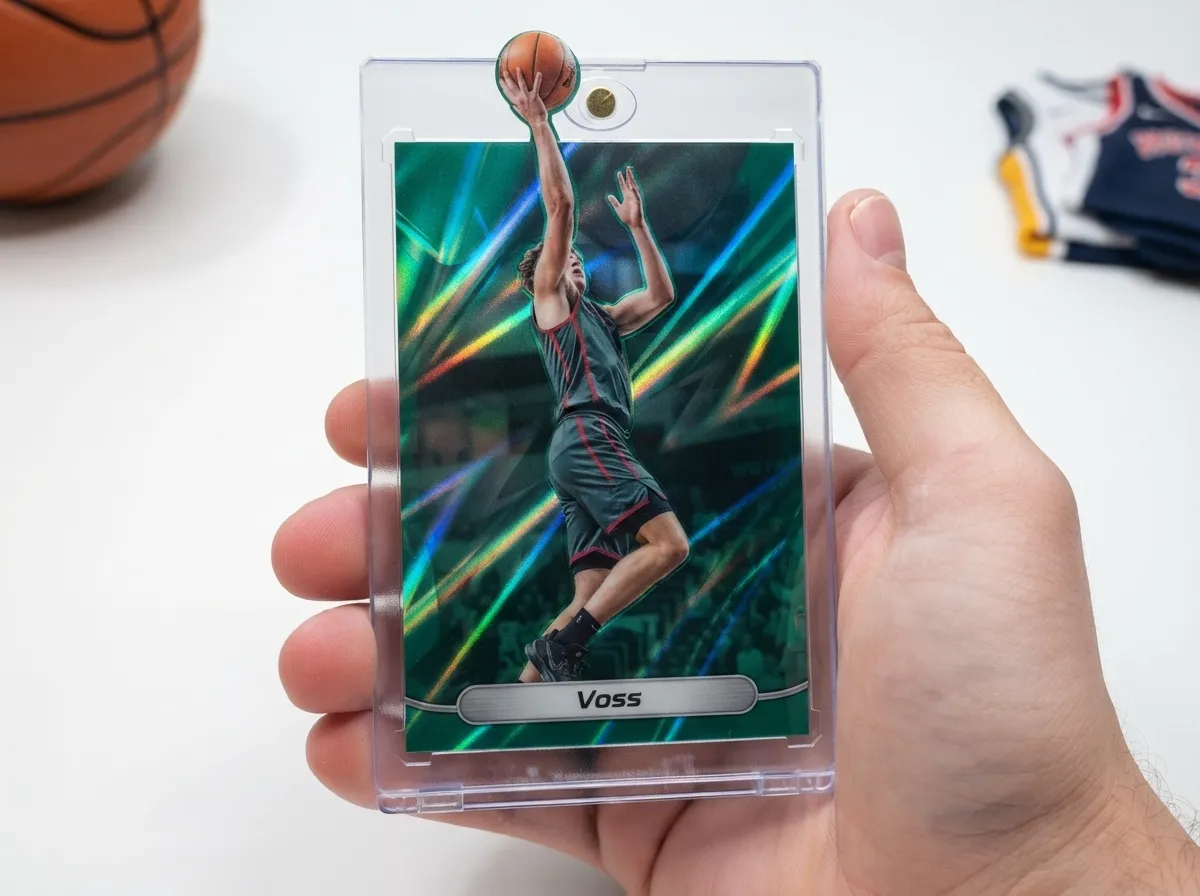 Custom sports trading card in magnetic case showing a chrome refractor basketball player design.