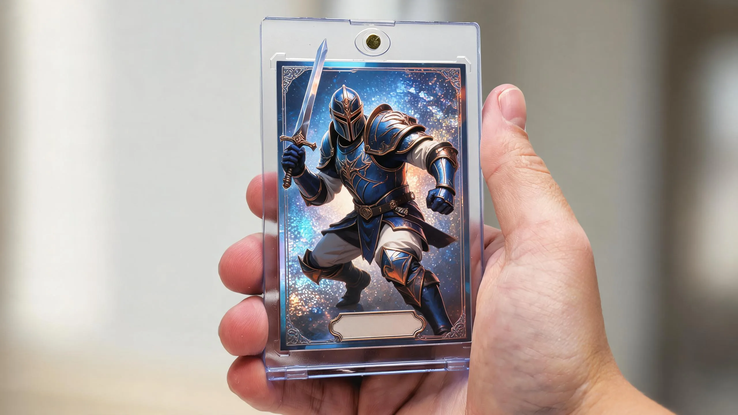 Hand holding magnetic case with holographic warrior card, ygo card maker custom trading card design.