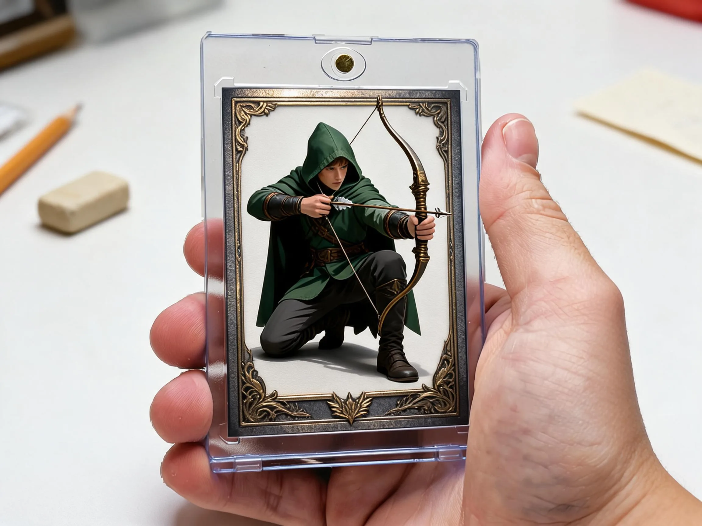 Custom keepsake trading card of archer illustration displayed in magnetic protective case.