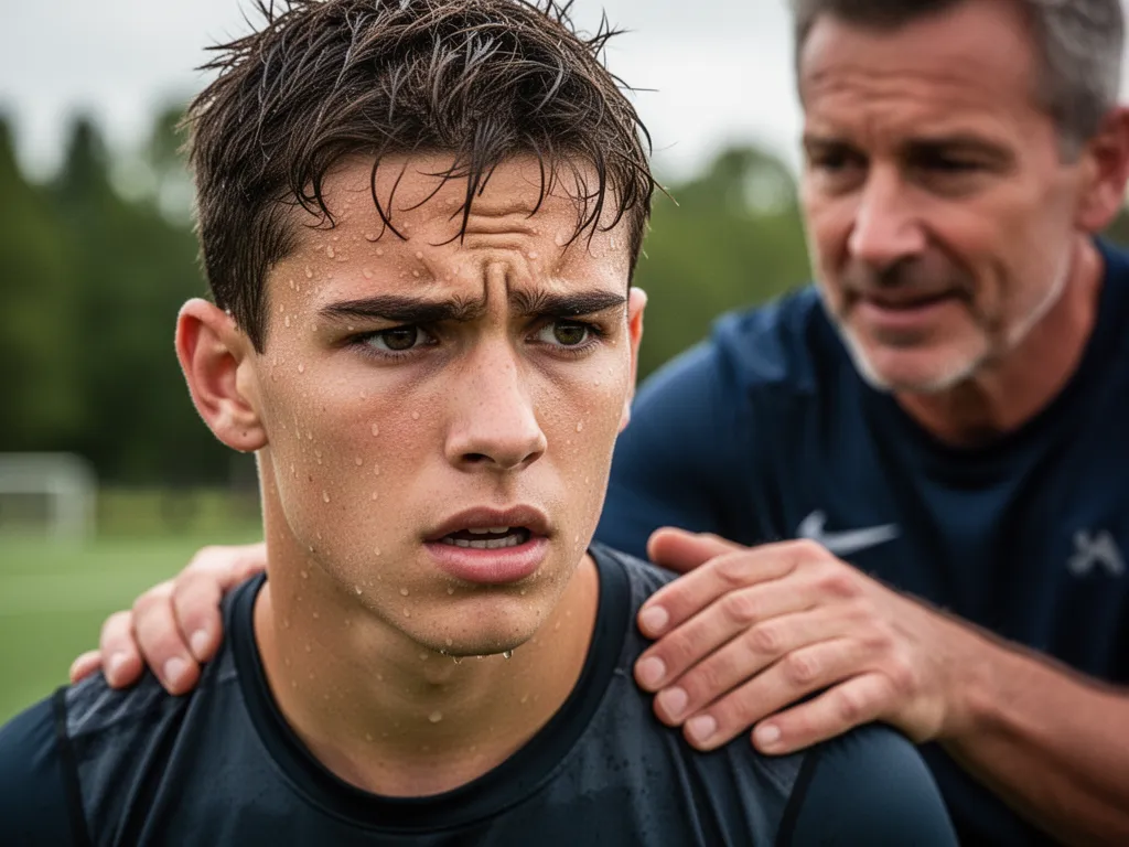 Young athlete's determined expression during training with coach providing supportive guidance