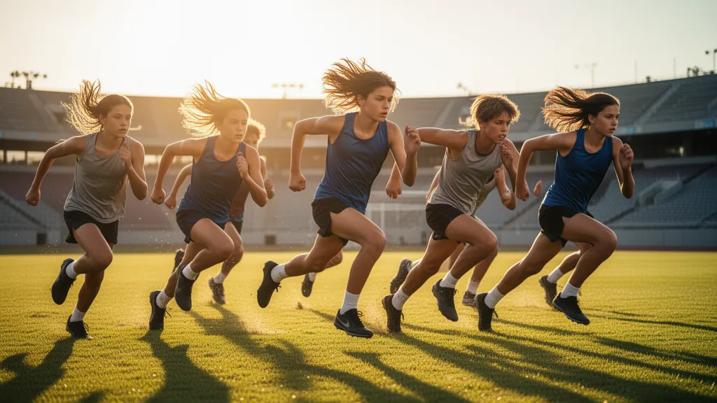 Young athletes running together in motion across green field during sunset with dynamic energy