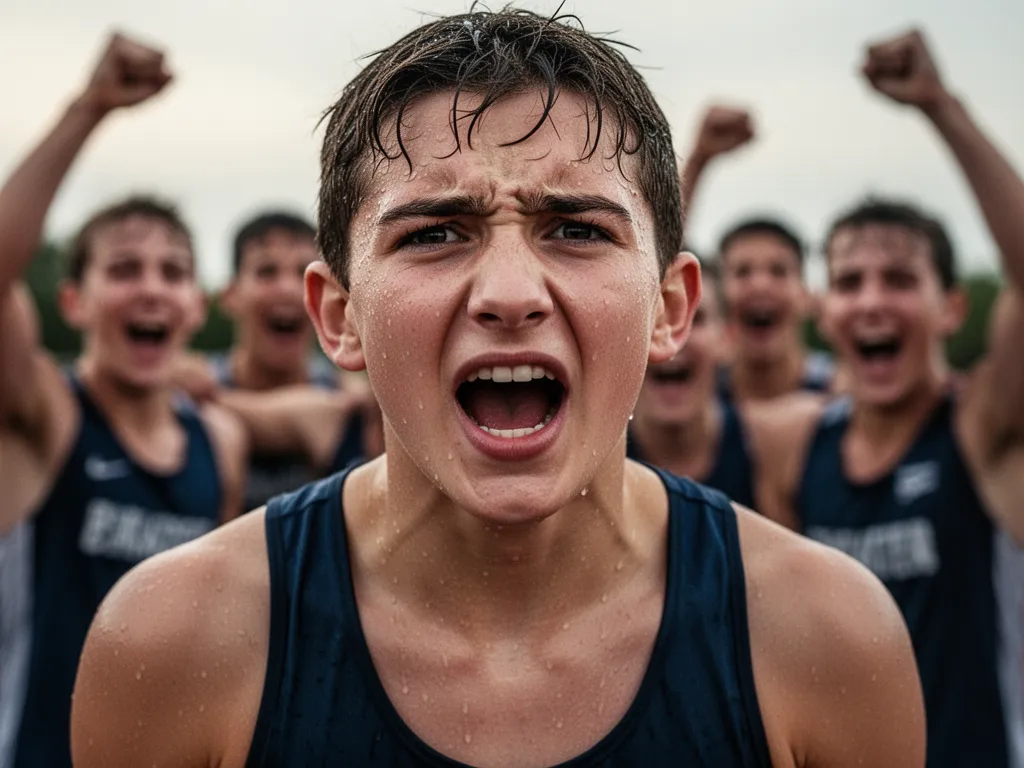 Young athlete's sweaty face showing determination with blurred teammates celebrating in background