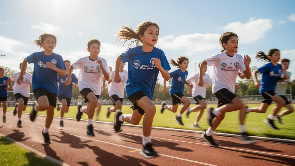 Young Special Olympics athletes racing together on an outdoor track in bright sunlight